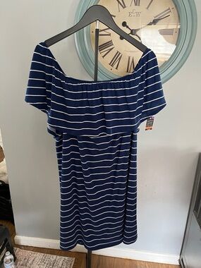 west loop Navy and White One-Shoulder Striped Dress